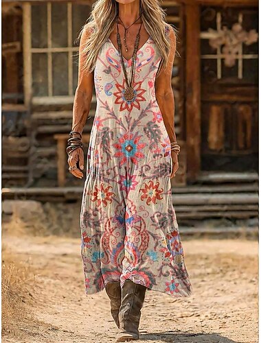  Dames Maxi-jurk Boho-jurk Vintage Jurk Casual jurk Vintage Normale pasvorm Boho Bloemig Mouwloos V-hals Wit Blozend Roze Licht Bruin Zomer Lente
