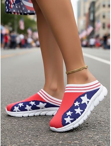  USA 250-årsjubileum Kvinners Patriotiske Flag Print Strikkede Sneakers – Slip-On Uformelle Gå Sko Uavhengighetsdag Festivaler  Hverdagsantrekk