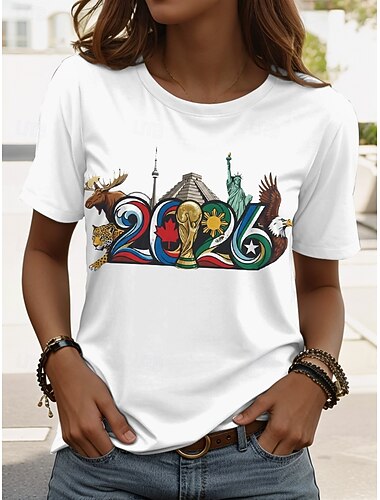  Fußball-WM 2026 Damen-T-Shirt mit Grafikprint, Fußballteam-Motiv, Vintage-Stil, klassisch, Kurzarm, Rundhalsausschnitt, normale Passform, lässig, Alltag, weiß, Sommer, Frühling