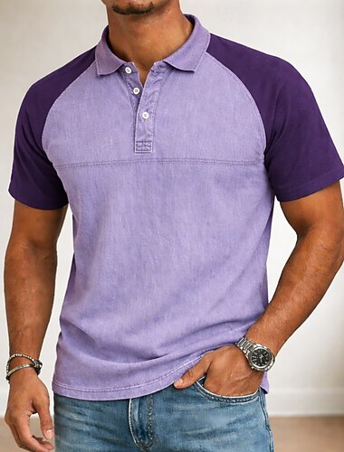  Voor heren Poloshirts Overhemd van 100% katoen met zure wassing Casual liiketoiminta Geribbelde polokraag Korte mouw Modieus Basic Effen Kleur Knop gewassen Zomer Lente blauw Blozend Roze Paars Bruin