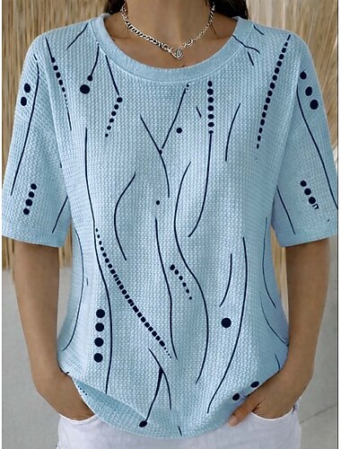  Mulheres Camiseta Waffle Tops tricotados texturizados Tops de verão Gráfico Geométrica à moda Clássico Manga Curta Gola Redonda Decote Redondo Tops regulares Casual Diário Azul Branco Rosa Verde