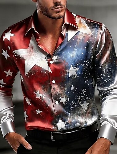 Homme Etoile 4 juillet, 250e anniversaire des États-Unis Drapeau Américain Chemise Chemise en satin Chemise d'été manche longue Patriotique Extérieur Festival Été Printemps Col Rabattu Impression 3D
