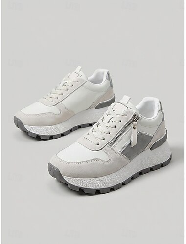  vita och grå grova sneakers för kvinnor - snygga platåskor med dragkedja på sidan för dagligt streetwear, vardagligt arbete och stadspromenader