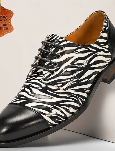  Mocassins à lacets en cuir imprimé zèbre noir et blanc pour homme, chaussures tendance idéales pour les soirées, les événements mode et les sorties décontractées.