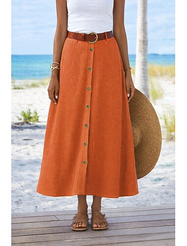  Női Gofriszoknyák Divat tengerparti nagymama stílusban Alkalmi Nyár Midi Közepes csípő Szoknyák Egyszínű Nem elasztikus Napi Tengerpart Medence Szürkészöld Narancssárga Nyár Poliészter