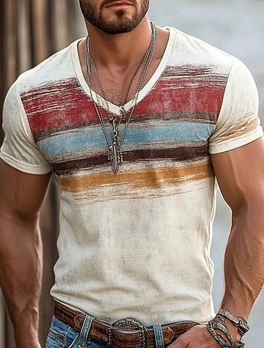  miesten kulunut retro monivärinen vaakaraidat vintage 70-luvun esteettinen t-paita graafinen kapea lihaksikas istuvuus v-aukkoinen kesä rento arkivaate suunnittelijavaatteet s m l xl xxl xxxl