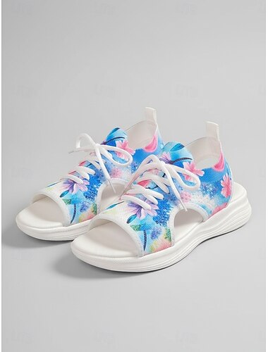  صنادل رياضية نسائية زرقاء خفيفة الوزن - صنادل صيفية مريحة للمشي بنقشة زهور، مناسبة للسفر والأنشطة الخارجية والراحة اليومية