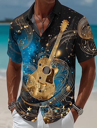  Homme Guitare Instrument de musique Notes de Musique Chemise Chemise d'été Chemise Boutonnée Manche Courte Vintage Rétro Extérieur Festival de Musique Vacances à la Plage Été Printemps Col Rabattu