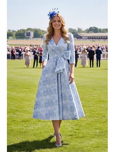  A-lijn Tot de enkel Bloemetjesjurk Cocktailjurken Feestjurken Elegant Vintage Halve mouw V-hals Bruiloft gast Kerk (83 Jacquard met Strik(ken)