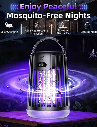  Elektrische muggenverdelger voor buiten, op zonne-energie, met verlichtingsfunctie, krachtige insectenval voor in de tuin, op het terras of op de camping, waterdicht, draagbaar, oplaadbaar via