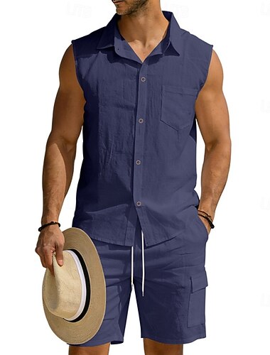  Per uomo Camicia di lino Due pezzi Set Camicia E Pantaloncini cargo Shorts di Lino Impostare Semplice Casuale Quotidiano Vacanza Collo ripiegato Senza Maniche Estate Moda Casual Confortevole