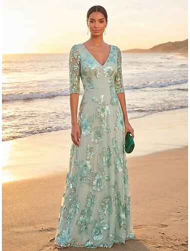  A-Linie Kleid Bodenlang Partykleid Cocktailkleid Brautmutterkleid Halbarm V Ausschnitt Elegant Vintage luxuriös Formell Hochzeitsgast Kentucky Derby Spitze Tüll mit Stickerei Blume