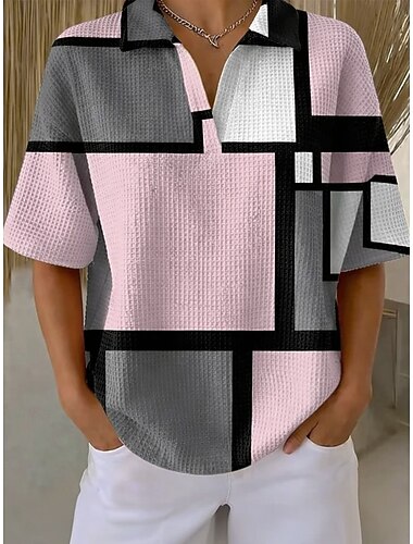  בגדי ריקוד נשים חולצת וופל חולצה קז'ואל צמרות קיץ גראפי גיאומטרי אלגנטית חופשה וינטאג' ללא שרוולים צווארון מתקפל חולצות ארוכות יומי בָּחוּץ עבודה ירוק בהיר ורד מאובק כתום קיץ אביב סתיו