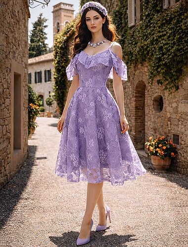  Linea ad A Lunghezza al ginocchio Abiti da Ballo Elegante Vintage Manica Corta Scollo a V Ospite di nozze Laurea Pizzo con Inserto in Pizzo Motivo / Stampa