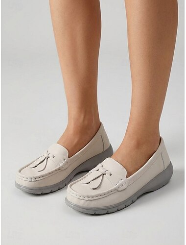  נעלי לואפרס לנשים בצבע בז' עם ציציות – נעלי סליפ-און קלות ונוחות מרופדות להליכה, טיולים וללבישה יומיומית &תלבושות קז'ואל חכמות