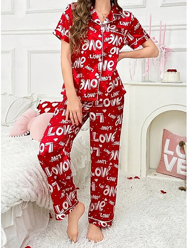  Dam Vardagsklädsel Pyjamas set Mode Enkel Ledigt Bokstav Silkeslen satinpyjamas Pyjamas Elastisk midja Knappar Byxa Hem Semester Kortärmad Tröjkrage Rubinrött Sommar Vår Höst Normal