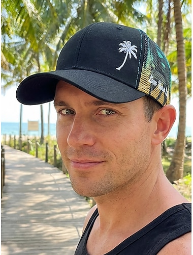  Casquette de baseball homme en polyester patchwork mesh, casquette trucker multicolore ajustable avec palmier brodé, idéale pour les vacances à la plage, les sports de plein air, les voyages et le