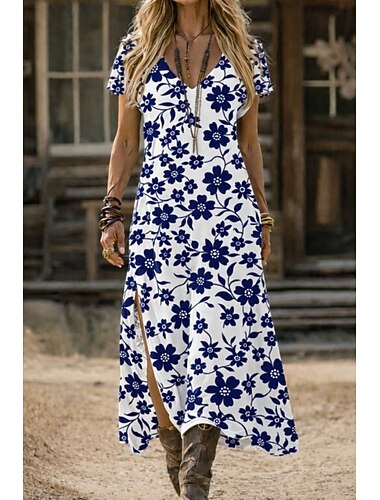  Femmes Robe maxi Robe d'Été Robe trapèze Vacances Occasionnel Boho Plage Sortir Coupe Standard Fleuri Graphique Manche Courte Col en V Bleu Blanc Rouge Été Printemps