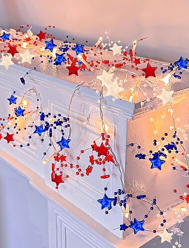  Patriotische Lichterkette zum 4. Juli, Dekoration zum 250. Jahrestag, rot-weiß-blaue Lichterkette, 4 Meter lang, 40 LED-Lichterketten für die Schlafzimmerdekoration