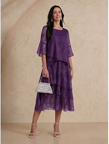  Damen Chiffonrock Elegant Midi Mittlere Hüfthöhe Röcke Geschichtet Unelastisch Hochzeitsgast Königliches Lila Sommer