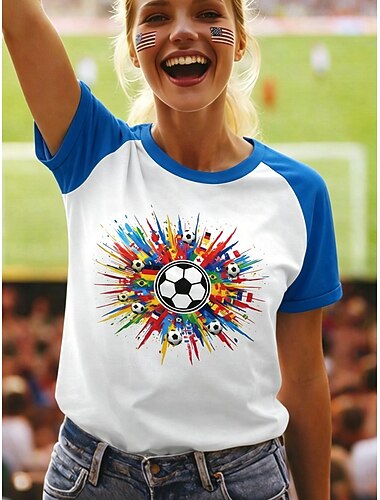  voetbalshirt voor dames met kleurblokprint, abstracte grafische stijl, casual, korte mouwen, ronde hals, normale pasvorm, casual, dagelijks gebruik, blauw, zwart, rood, groen, zomer, lente