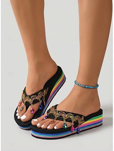  Pentru femei Vacanță Vacanta la plaja Mărgele Pană Vârf rotund Vacanță Poliester Loafer Negru