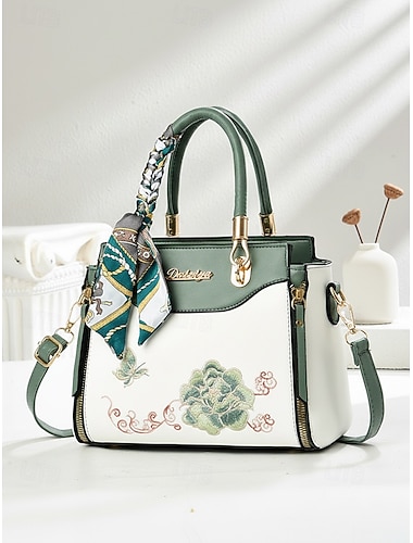  Sac à main brodé de fleurs pour femme avec foulard assorti, en similicuir, disponible en plusieurs couleurs, style décontracté élégant, parfait pour le quotidien, le bureau et les sorties entre amis.