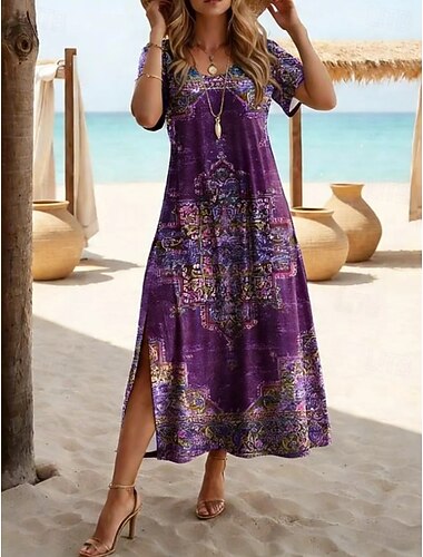  Naisten Maksimekko A linjainen mekko Vapaa-aika Hiekkaranta Loose Fit Kuvitettu Geometrinen Paisley-kuvio Lyhythihainen Tiukka pyöreä kaula-aukko V kaula-aukko Purppura Kesä Kevät