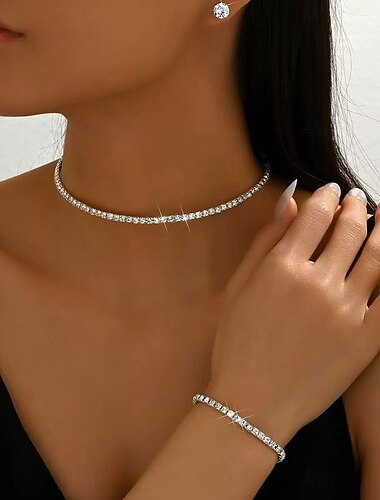  Schmuckset 3 Chrom 1 Halskette 1 Armband Ohrringe Damen Mode Schmuck-Set Für Party