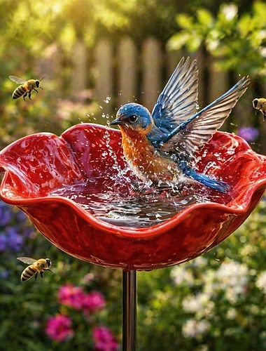  Piquet de jardin en métal fait main avec bain d'oiseaux &Abreuvoir pour pollinisateurs, bain d'abeilles pour jardin, mangeoire en métal avec motif floral pour la décoration extérieure