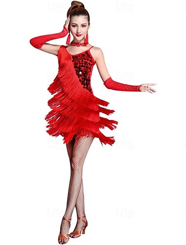  Robe de bal latine rouge pour femme, à franges superposées et sequins.