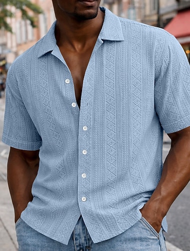  Herren Hemd Freizeithemd Knopfhemd Jacquard-Hemd Schwarz Weiß Hellgrün Marineblau Dunkelgrün Kurzarm Geometrisch Einfach Kubanisches Halsband Lässig Täglich Jacquard Bekleidung Elegant Mode Lässig