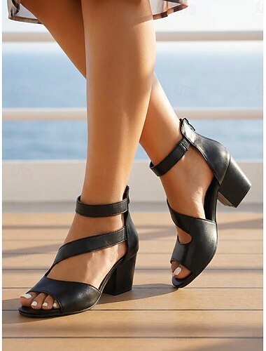  Professionele zwarte damessandalen met bandjes en blokhak - elegante pumps met open neus en middelhoge hak, voorzien van een veilig enkelbandje, perfect voor cruises en vakanties.