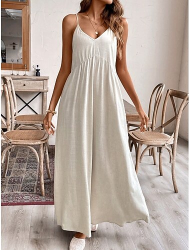  Damen Maxikleid Shiftkleid Freizeitkleid Kleid aus Leinenimitat Mode Modern Täglich Wochenende Lässiger Schnitt Einfach Ärmellos Spaghettiträger Aprikose Sommer Frühling