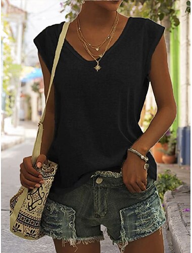  Dames T-shirt Effen Kleur Klassiek Casual Mouwloos V-hals Normale tops Dagelijks Uitgaan Weekend Zwart Wit Blozend Roze Khaki Grijs Zomer Lente