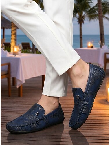  Marineblauwe, geborduurde instappers voor heren, casual rijschoenen, zacht, lichtgewicht en comfortabel schoeisel voor avonden in een resort, dineren aan zee, vakantiereizen, cruises en een stijlvolle vakantielook.