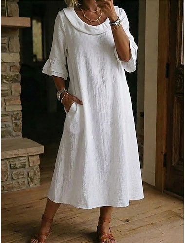  Damen Midikleid A Linie Kleid Sommerkleid Lässig Täglich Lässiger Schnitt Einfach Dreiviertelarm Rundhalsausschnitt Schwarz Weiß Gelb Marineblau Sommer Frühling