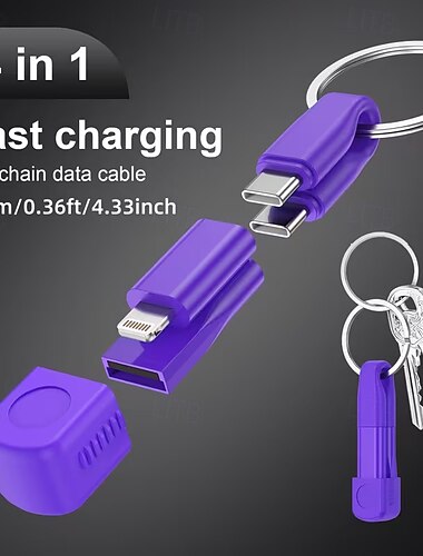  4v1 multifunkční nabíjecí kabel na klíčenku, přenosný krátký 4,33" USB-C na USB-C/Lightning/USB-A datový kabel s rychlým nabíjením pro iPhone 16, 15, 14, 13, Samsung Galaxy S24, S23, iPad, Pixel,