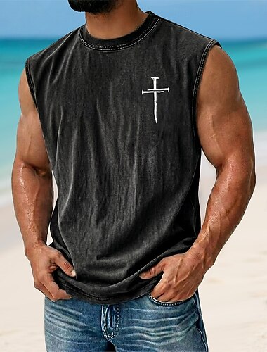  Homme Croix Débardeur T-shirt délavé à l'acide Sous-Vêtements Sans manches T-shirt Imprimé Graphique Col ras du cou Chemise Vacances Tropical Mode Quotidien Vacances Des plages Noir Marron Vert