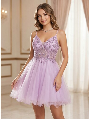  Trompet zeemeermin Kort Mini Galajurken Elegant Glitter Mouwloos V-hals Schoolfeest Cocktailparty Tule met Kralen