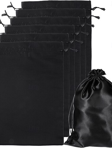  Lot de 10 pochettes à perruques avec cordon de serrage en satin, pochettes de rangement en soie noire pour plusieurs perruques, mèches et extensions.