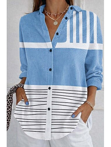  Per donna Camicia Camicia a nido d'ape Camicia casual Bottoni Grafico Vacanza Vintage Moda Manica Lunga Top Regolari Quotidiano All'aperto Abbigliamento casual alla moda Bianco e blu Bianco e rosa