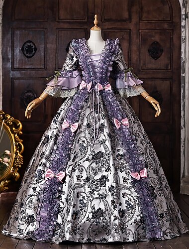  Рококо Барроко С пышной юбкой В пол Платья С пышной юбкой Длинные рукава  Принцесса Свадьба Бант Цветочный принт С пышной юбкой V-образный вырез Маскарадный костюм Жен. Королевский