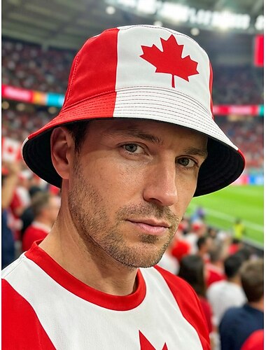  Omkeerbare polyester bucket hat voor heren, met Canadese vlagprint, lichtgewicht voetbalpet voor wedstrijddagen, supporters, casual sport en outdoor kleding.