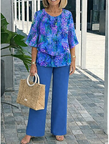  Per donna Set di Pantaloni Manica 3/4 Girocollo Floreale Grafico Elegante Vacanza Casuale Quotidiano Vacanza Rosso Blu Reale Viola Estate Vestibilità regolare