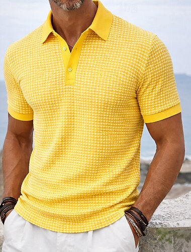  Męskie Teksturowany Koszulka polo z dzianiny waflowej Codzienny Urlop Wieczorne Krótki rękaw Urlop Wypoczynek Teksturowany Guziki Oddychający Lato Biały Żółty Brązowy Zielony Szary Teksturowany