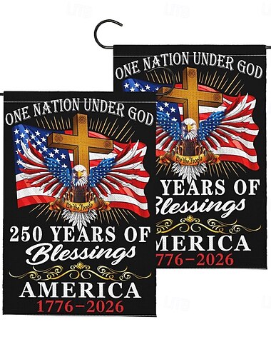  2-teiliges Set Gartenflaggen zum 250. Jahrestag der USA mit patriotischem Adler, Kreuz und dem Schriftzug „Eine Nation unter Gott“, langlebige Gartendekoration für Feierlichkeiten.