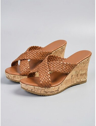  Sandales compensées marron tressées pour femmes - mules espadrilles confortables à plateforme, idéales pour les vacances à la plage et les escapades insulaires. &style bohème d'été