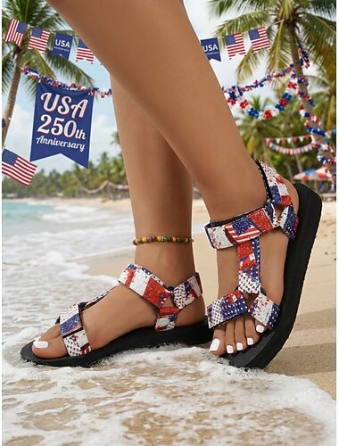  Damessandalen met verstelbare bandjes in rood en blauw met Amerikaanse vlagmotief – lichtgewicht strandsandalen voor vakantie, festivals en casual dagelijks gebruik.