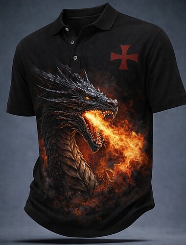  Per uomo Drago Croce Polo Manica Corta Magliette polo Bavero Vintage Casual Streetwear Athleisure Abbigliamento quotidiano Stampa 3D Bottoni Tessuto retato traspirante Estate Primavera Nero Rosso